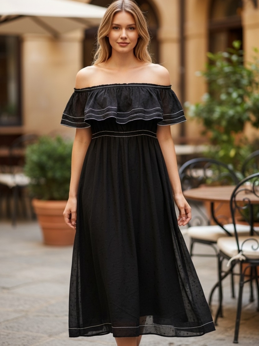Donna Karan Black Off-Shoulder Midi Dress with Ruffle Trim